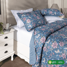 Kit Cobre Leito Colcha 3 Peças Dupla Face Catarina Azul Boutis