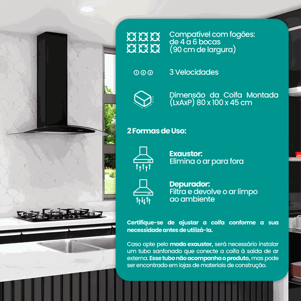 coifa parede vidro curvo clean black 80cm