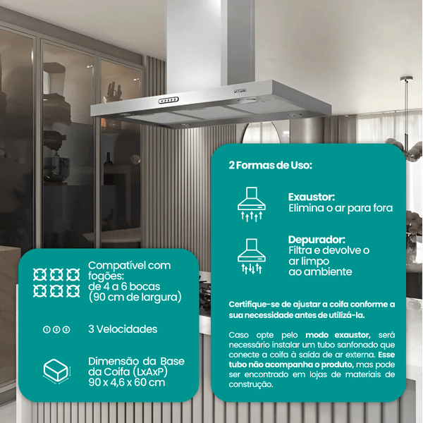 coifa ilha retangular inox 4 a 6 bocas90