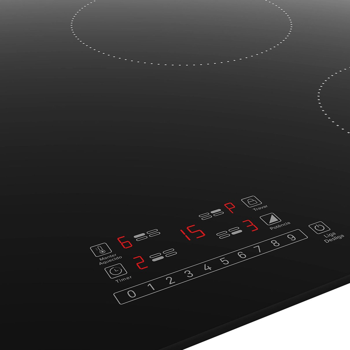 Painel digital do cooktop com timer e trava de seguran&ccedil;a