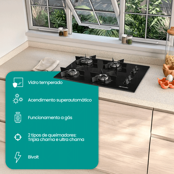 Fogo Cooktop Eltrico Bivolt 4 Bocas  Gs Ultra Chama Grade em Ao Mesa em Vidro Mueller PretoPrancheta 1