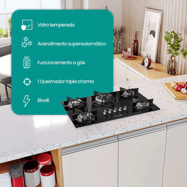 Fogo Cooktop Eltrico Bivolt 5 Bocas Ultra e Tripla Chama Grade em Ao Mesa de Vidro Mueller PretoPrancheta 1